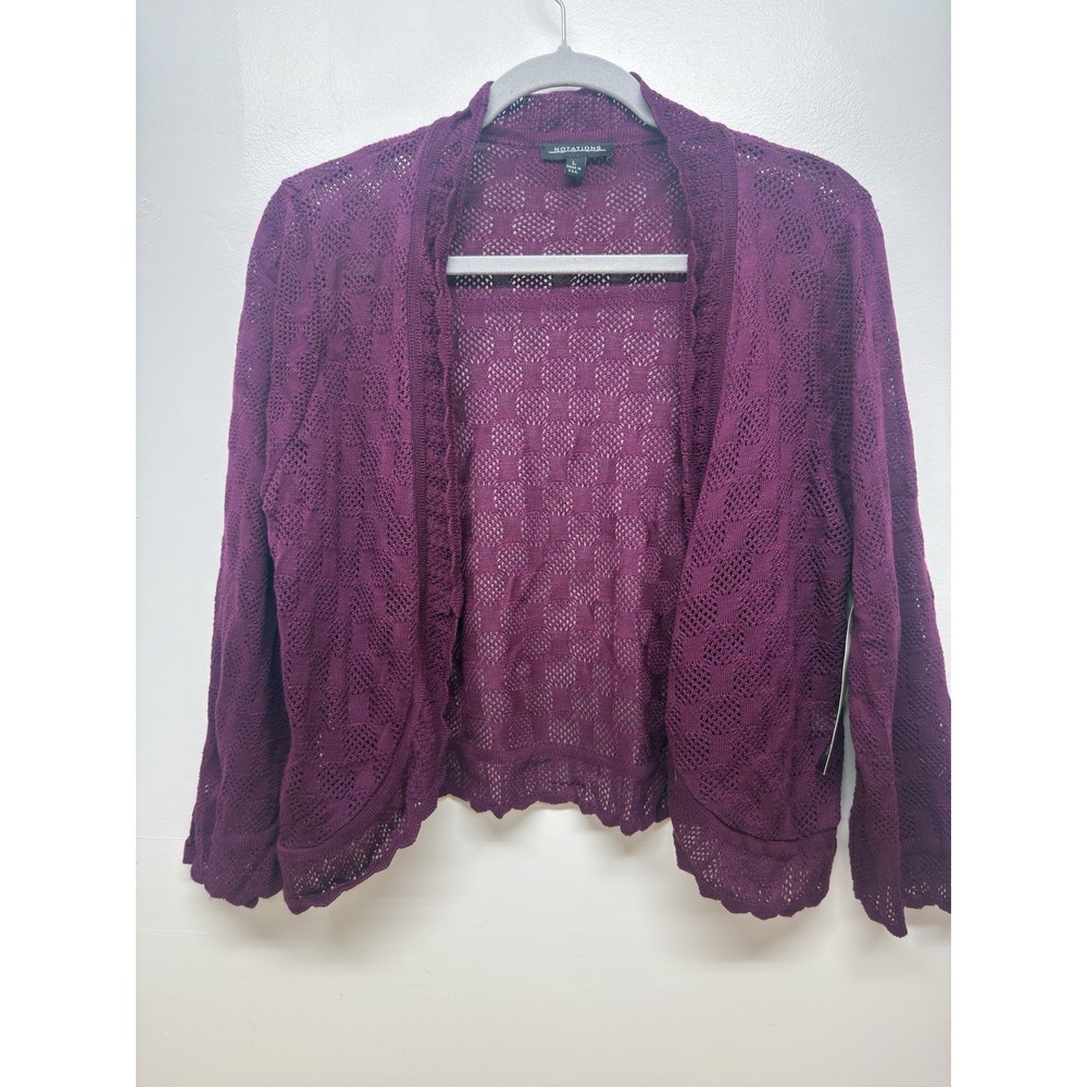 Notations Womens Cardigan‎ Sweater Large Purple Eyelet Open Front Long Sleeve #2